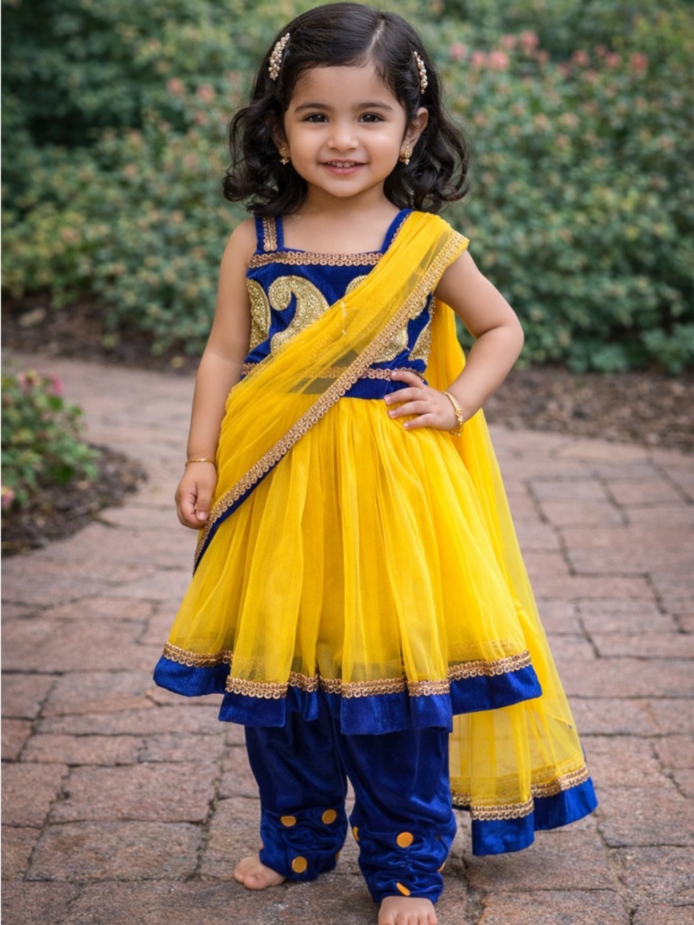 Girl's Anarkali Dress with Blue Pants and Duptta